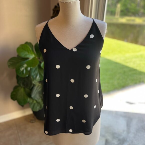 Loft Spaghetti Strap Sleeveless Blouse V Neck Black with White‎ Polka Dots  XS - Picture 1 of 5